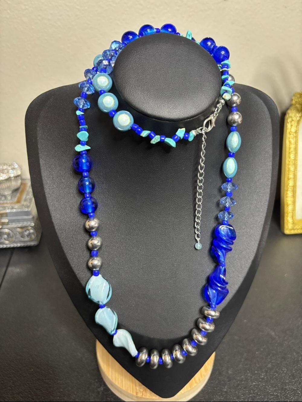 Blue Glass Multi Media Turquoise Chips Long Statement Necklace